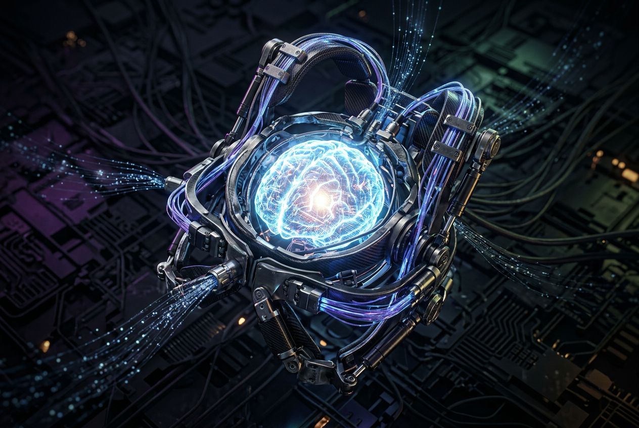 Estrutura mecânica de harness envolvendo um núcleo de IA luminoso, representando a camada que transforma um modelo em agente autônomo