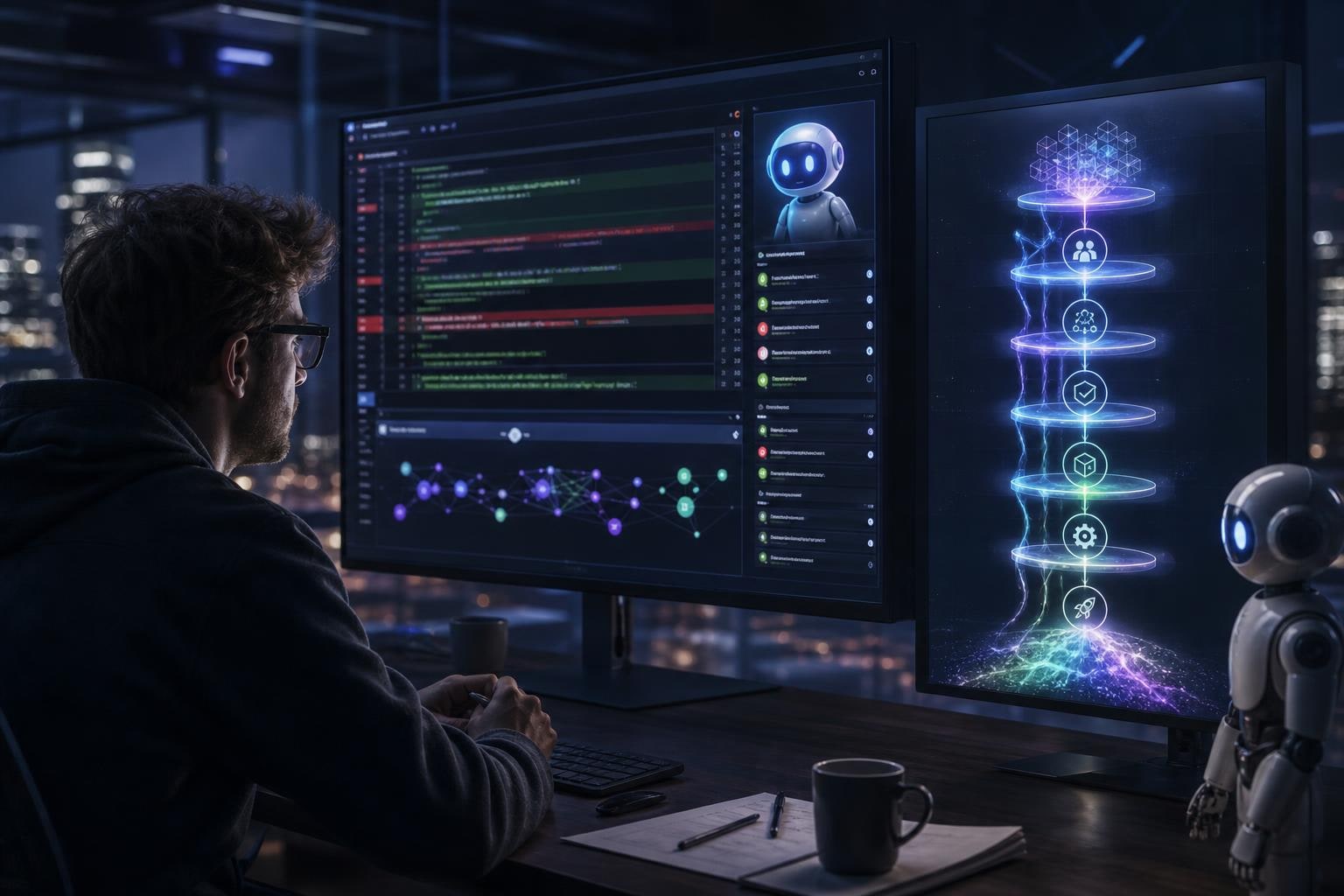 Desenvolvedor revisando pull request gerado por agente de IA com pipeline de 6 estagios do SDLC exibido em segundo monitor