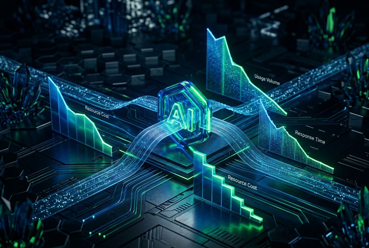 Ilustracao abstrata de otimizacao de tokens do Claude com graficos de eficiencia em tons neon