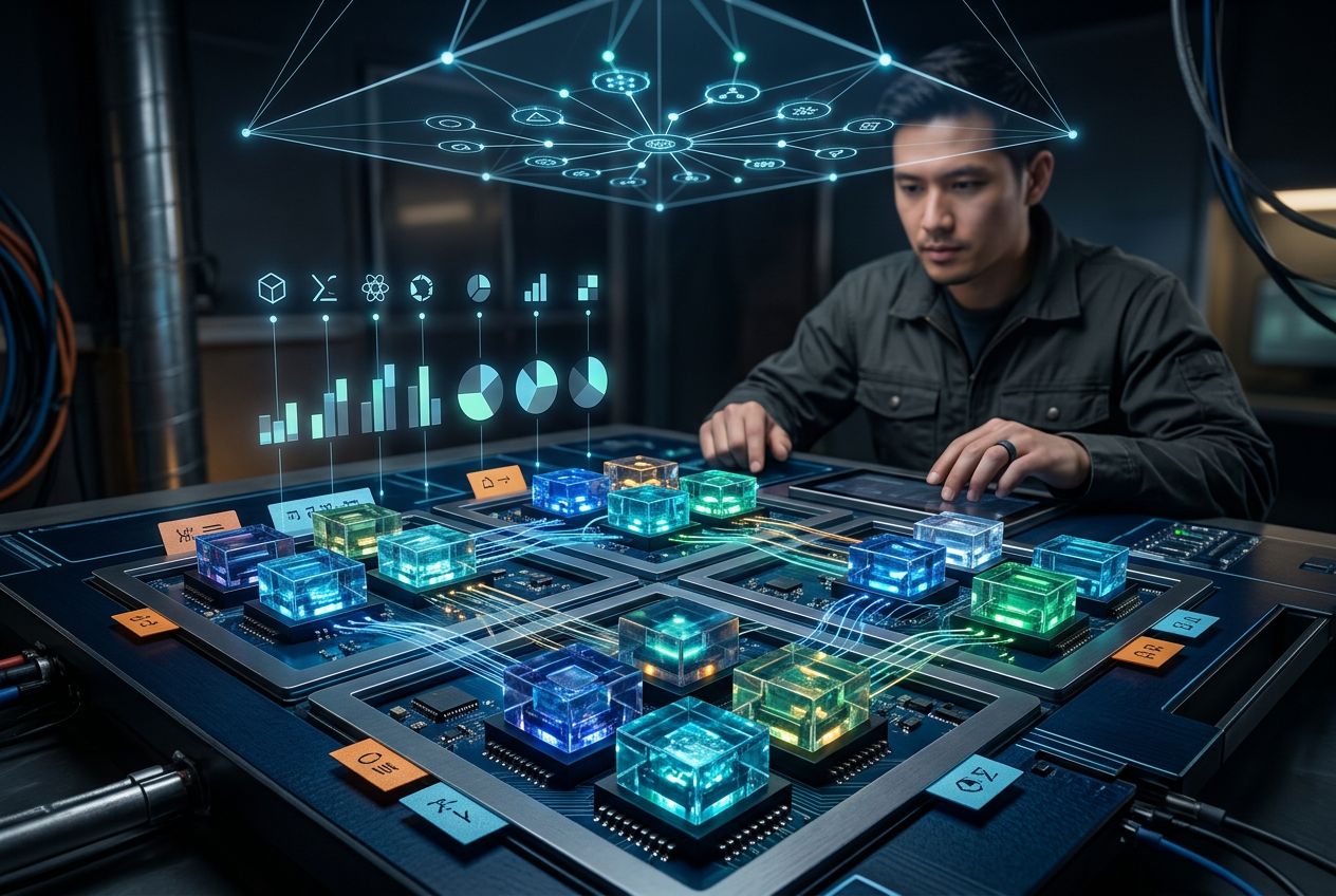 Multiple AI agents orquestrando em paralelo através do CMUX, terminal multiplexador com workspaces coloridos, abas para cada agente, grid 2x2 mostrando execução coordenada