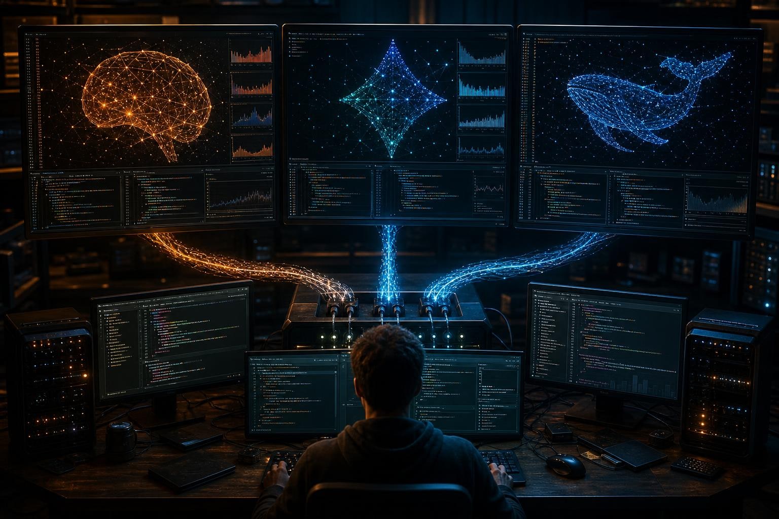 Desenvolvedor orquestrando múltiplos modelos de IA (Claude, Gemini, DeepSeek) lado a lado em um harness de código com métricas comparativas e custos em tempo real