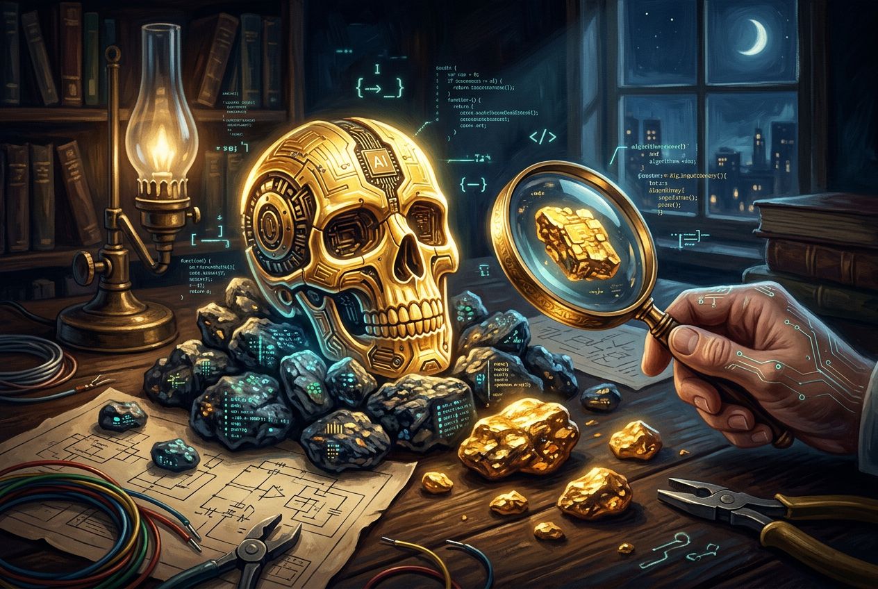Mesa de desenvolvedor à noite com cards de repositórios do GitHub espalhados, alguns destacados em ouro entre outros projetos open source, atmosfera escura com acentos dourados