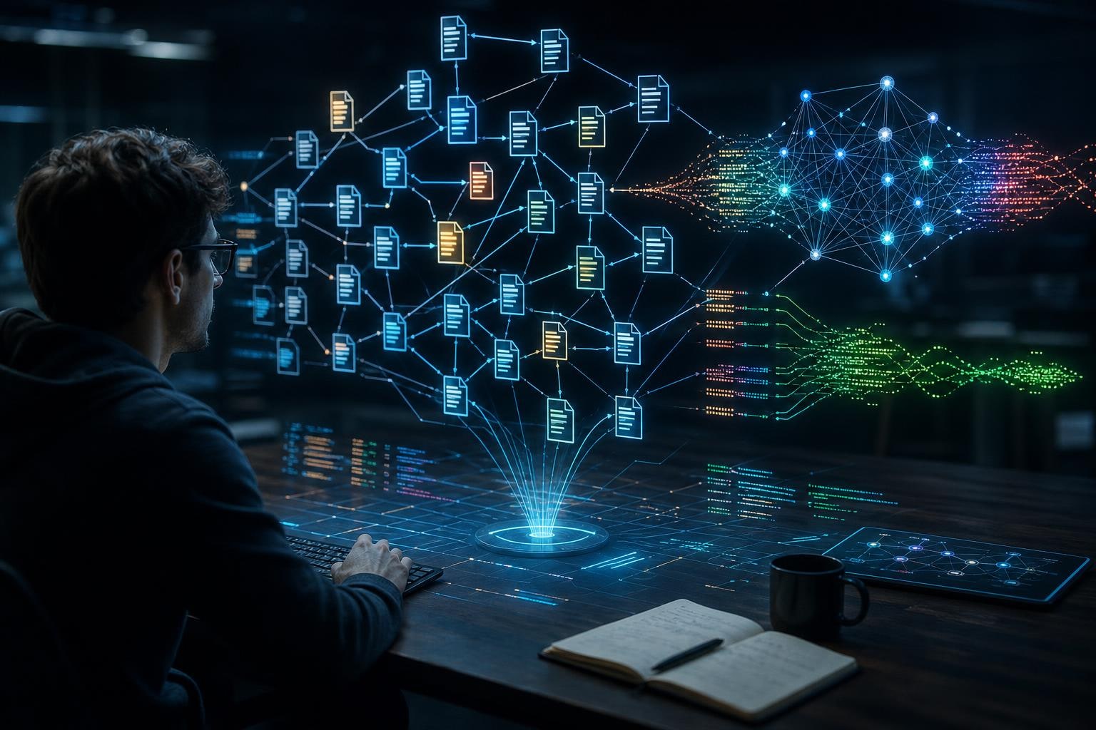 Visualização de um knowledge graph mostrando a arquitetura de um projeto conectado a um agente de IA, com métricas de otimização de tokens em tempo real