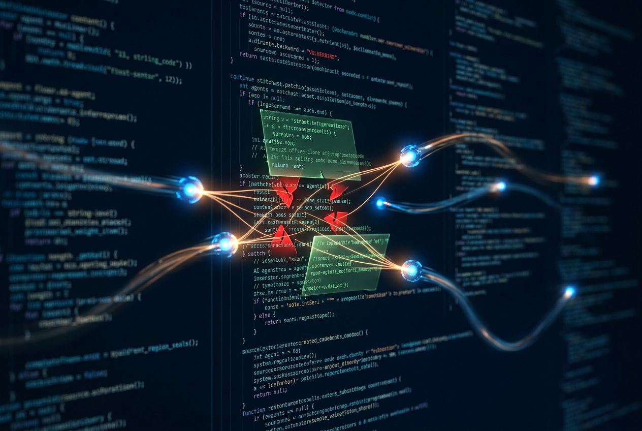 Ilustração de código fonte sendo escaneado por agentes de IA com marcadores de vulnerabilidade e patches aplicados em tempo real