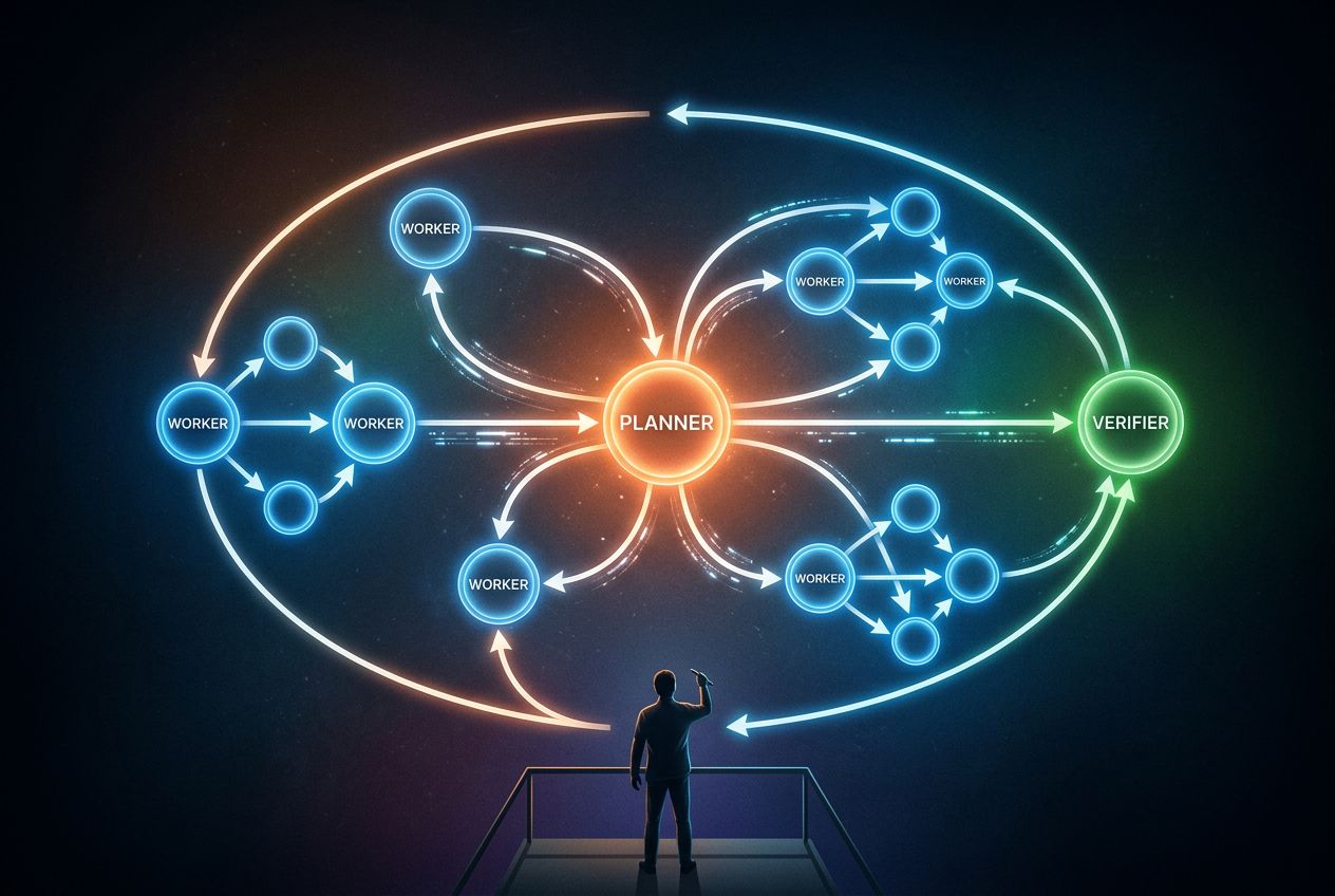 Diagrama de um loop automatizado de agentes de IA: um nó planejador gerando prompts, subagentes trabalhando em paralelo e um nó verificador checando os resultados em ciclo