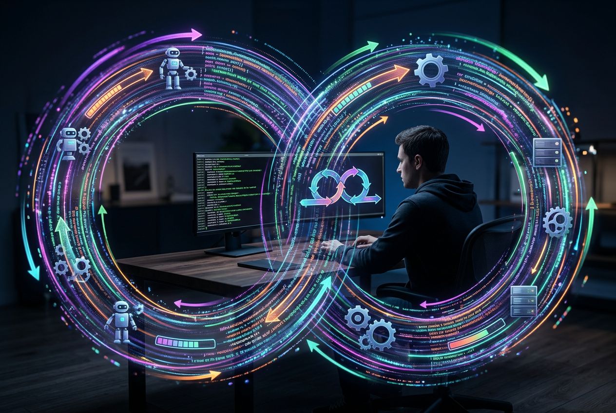 Diagrama visual de loops em automação: agente repeating cycles of work com setas circulares conectando tarefas, representando turn-based, goal-based e time-based automation patterns