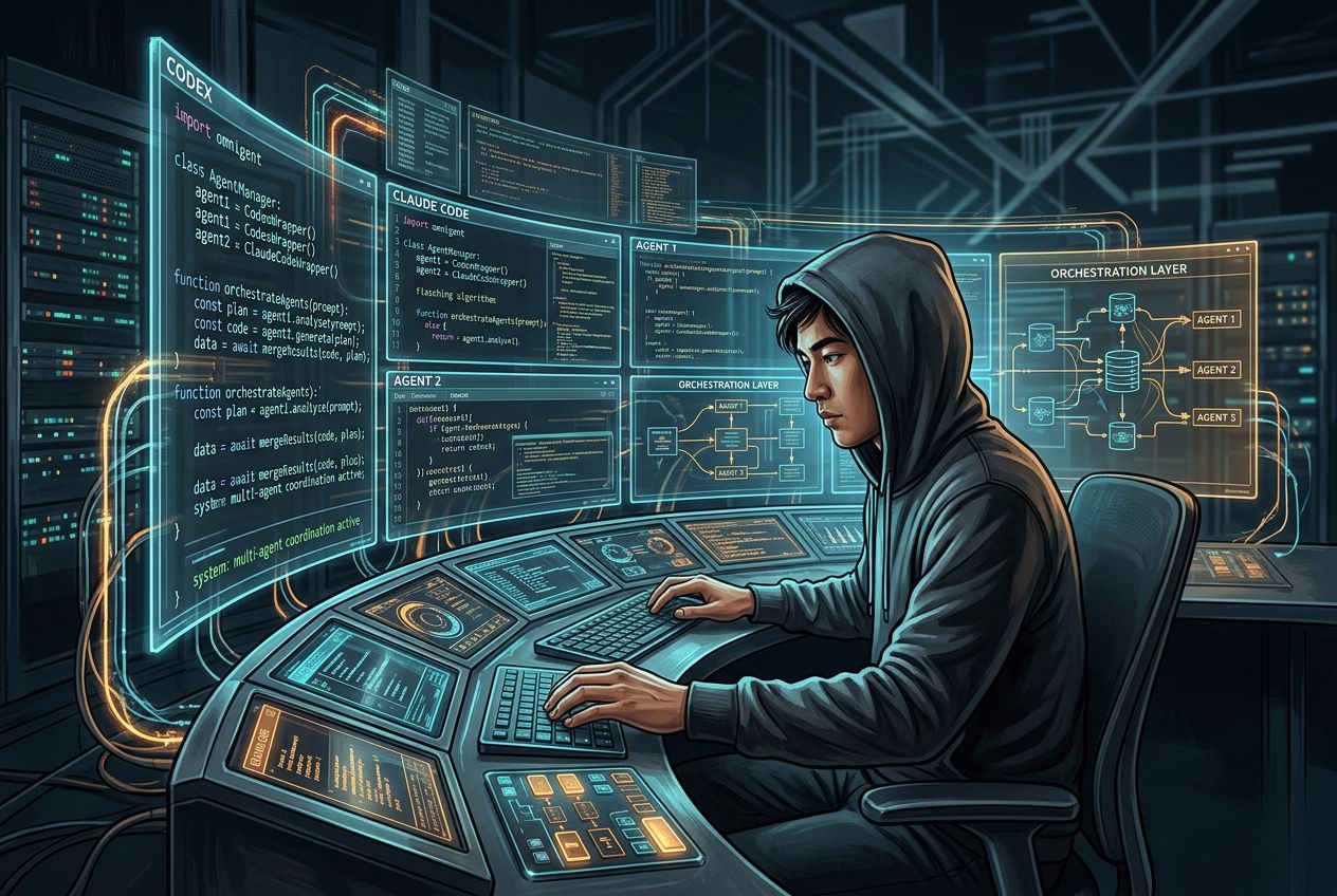 Desenvolvedor orquestrando múltiplos agentes de IA de coding numa sessão única com o meta-harness Omnigent