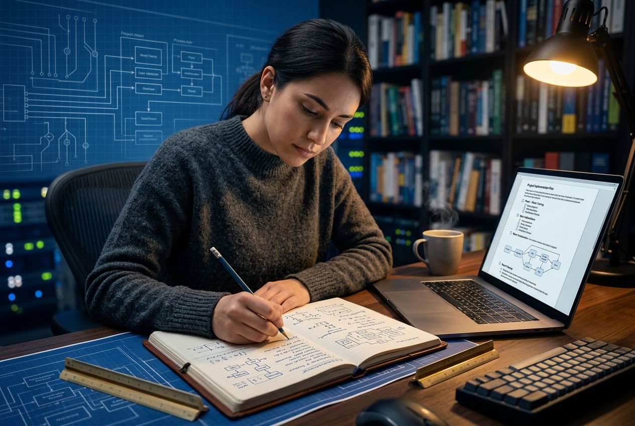 Engenheiro planejando a mao em um caderno ao lado de um laptop com um plano de implementacao estruturado em fases