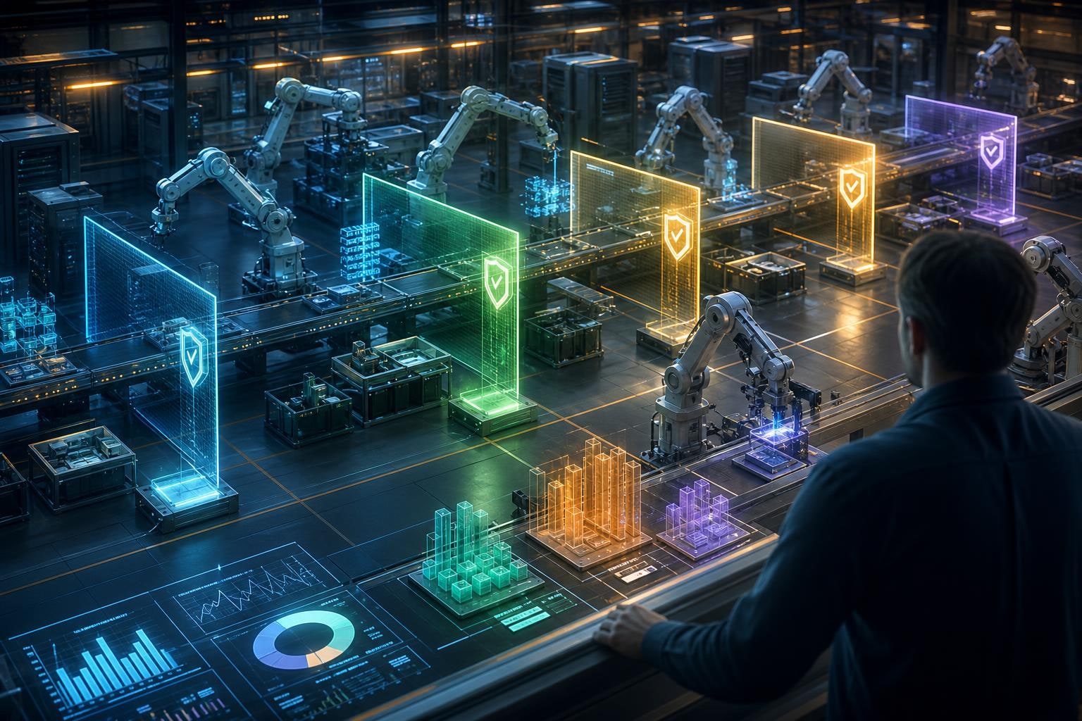 dashboard de uma software factory mostrando fases de agentes com gates de validação de código entre cada fase, observabilidade e métricas de custo